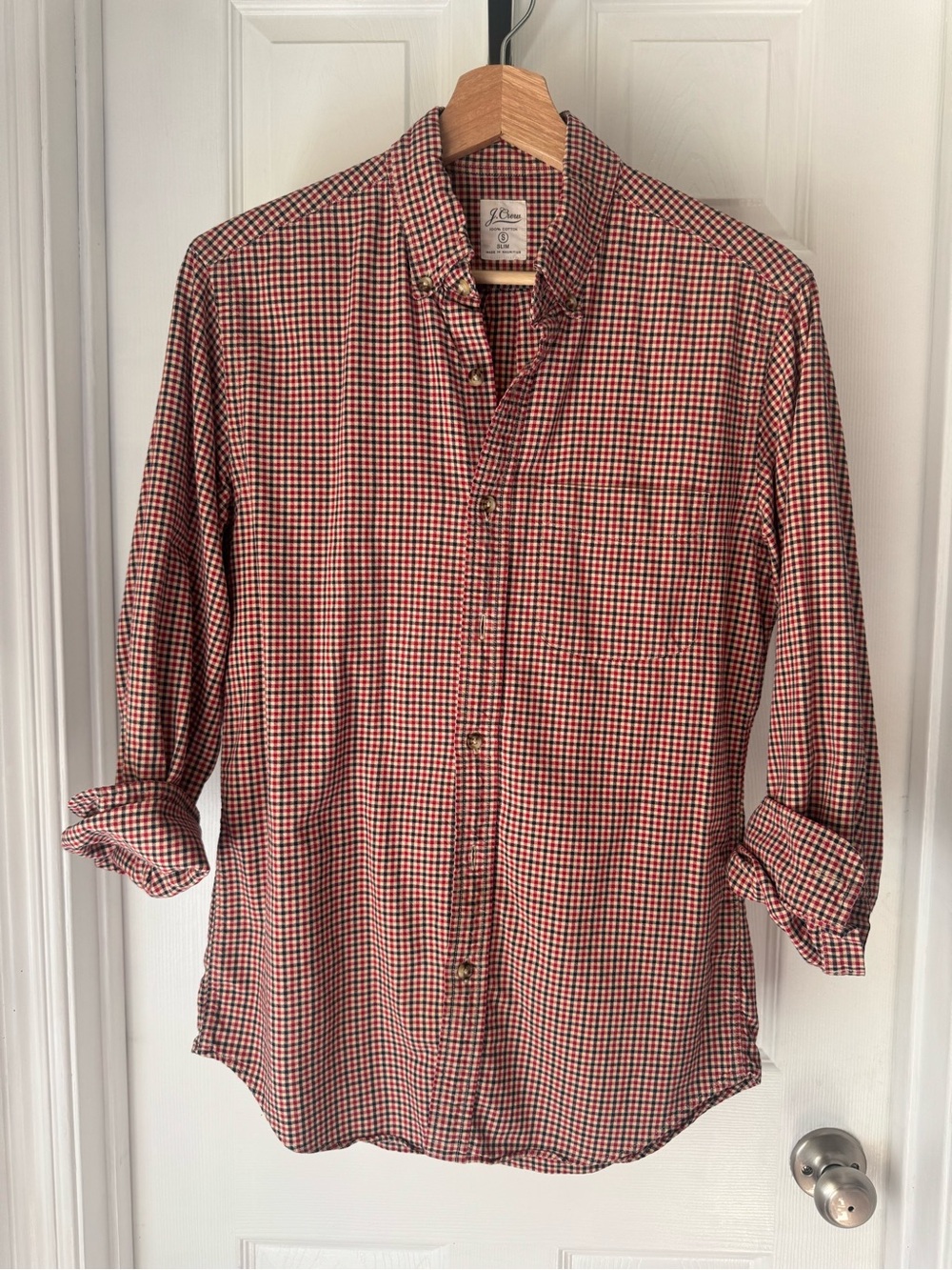 J. Crew Red and White Small Check Button-Down Shirt